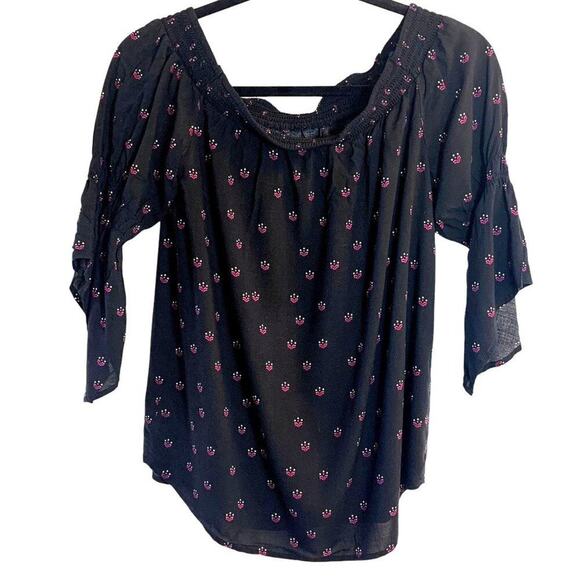 EXPRESS Women's Black/Pink Elastic‎ Cold Shoulder Flared Half Sleeve Blouse Sz S - Picture 2 of 9